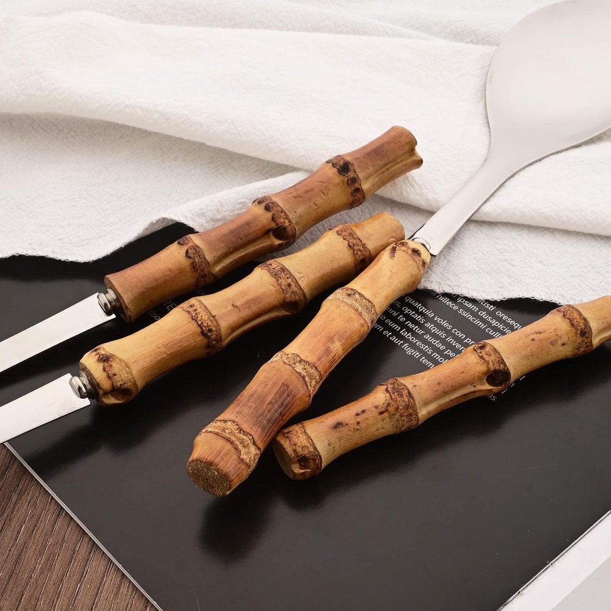 Cutlery set - including spoon and fork - made of 304 stainless steel - with natural bamboo handles, 25 cm long - suitable for kitchens, parties, buffets, etc — image 3