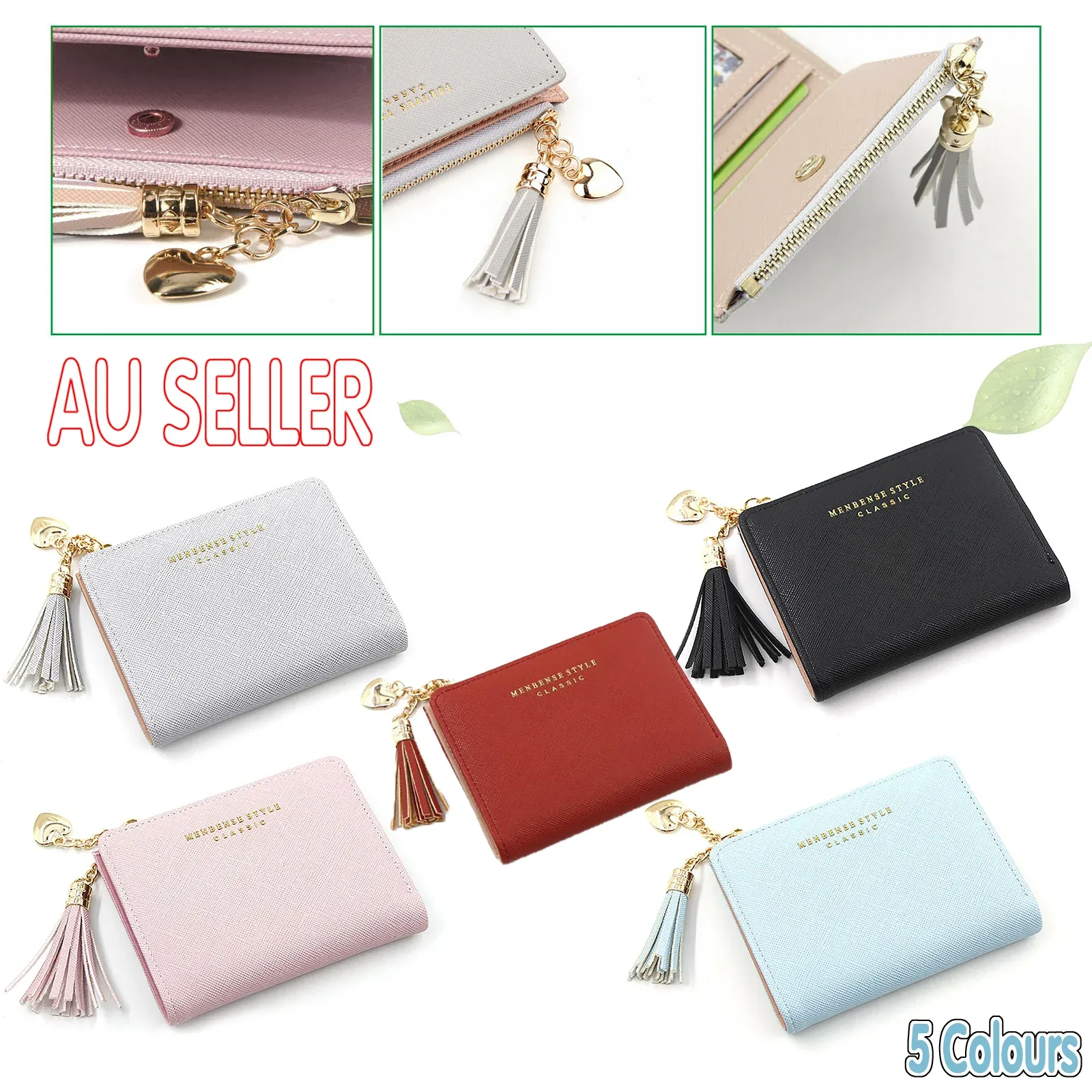 Ladies Short Wallet Small Leather Purse Folding Card Holder Coin Pocket Tassel Design - Red โ image 2