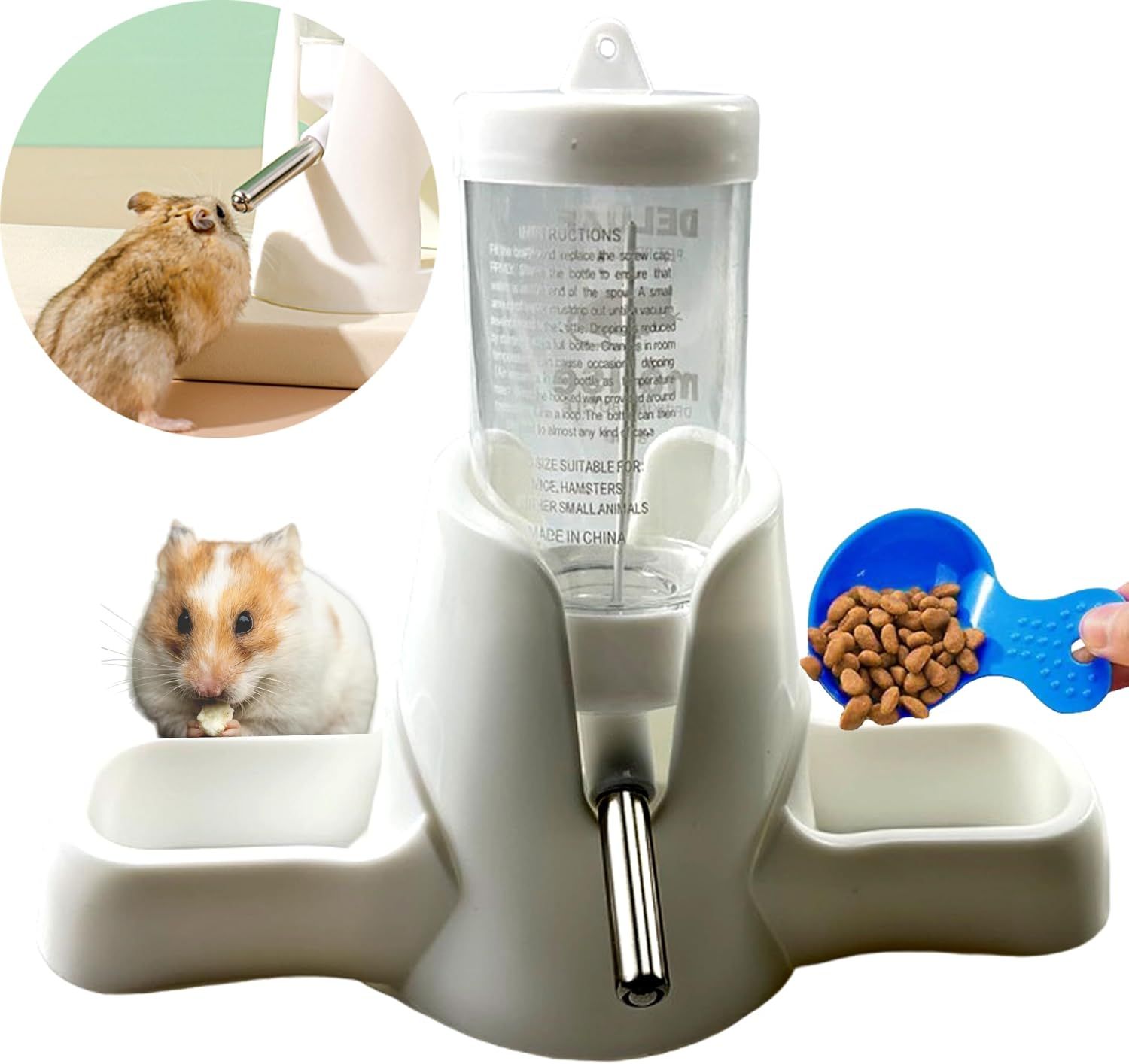 1 Piece Hamster Water Bottle 3 in 1 with Food Bowl, 80 ml