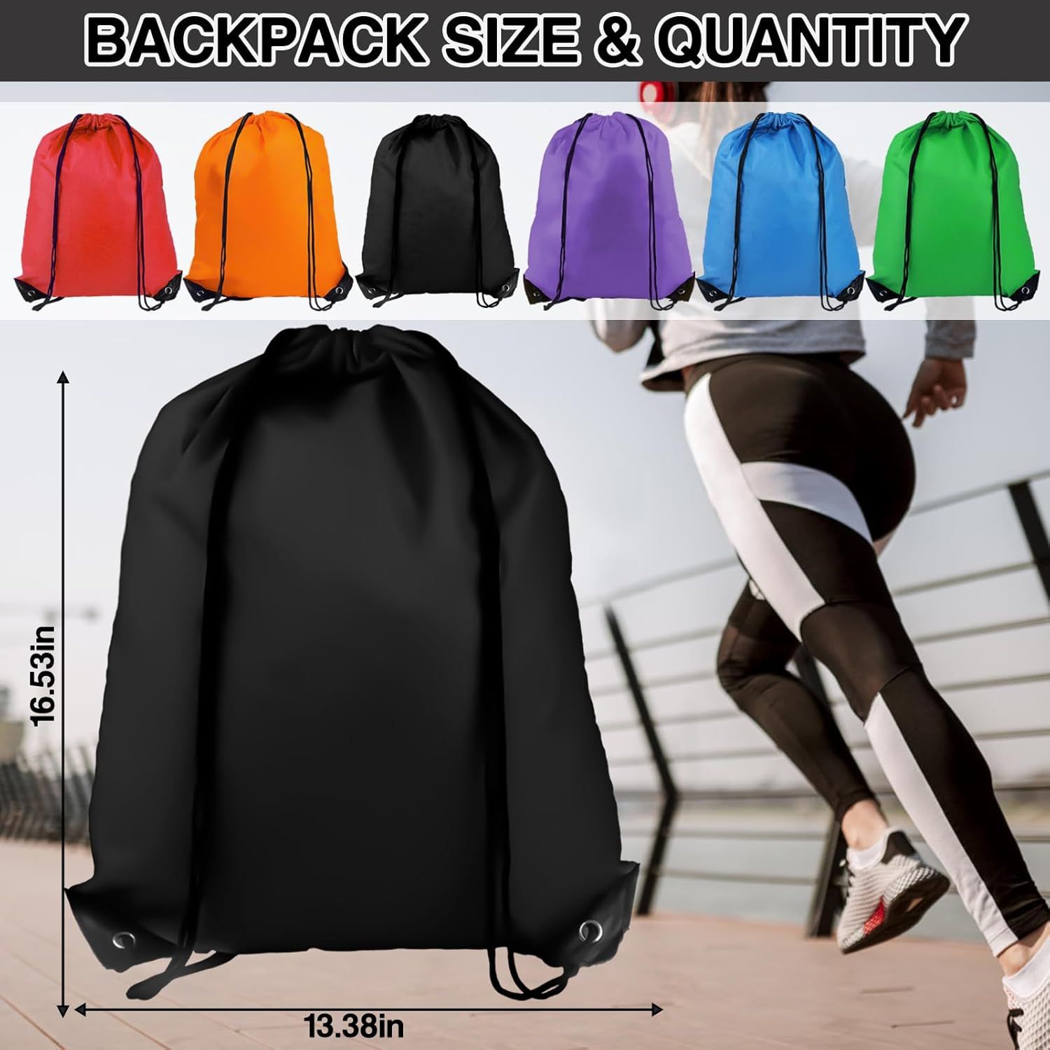 Drawstring Backpack 6 Colors Drawstring Bags, Draw String Back Bag Drawstring Bags Bulk for Sports, Gym, Travel, Swimming, Beach (6 PACK) — image 2