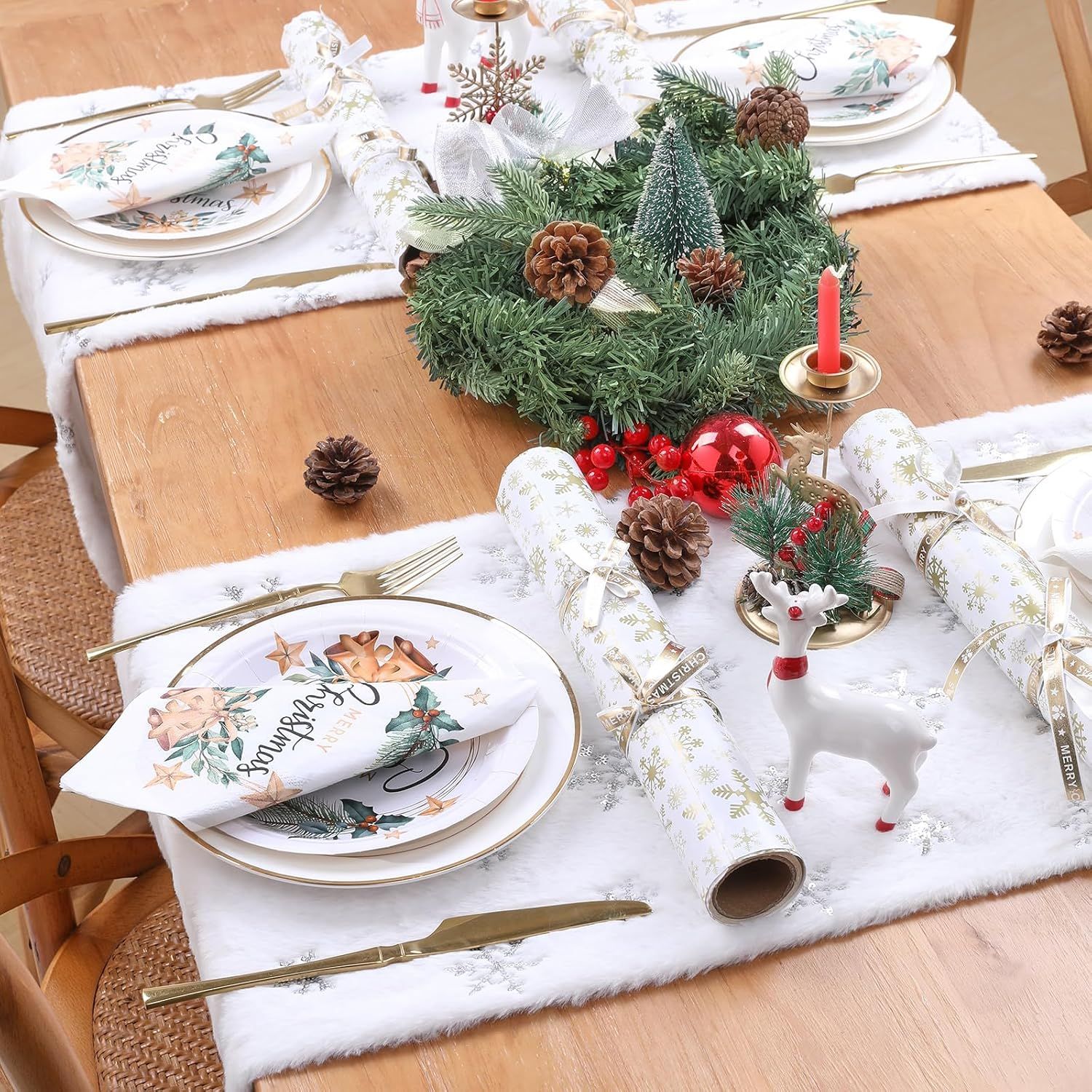 White Fur Table Runner Silver Snowflakes Christmas Table Runner, Winter Xmas Holiday Kitchen Dining Table Decoration Indoor Outdoor Party Decor 13 x 48 Inch โ image 4