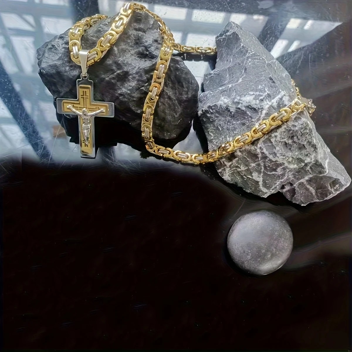 Trendy Gold-Plated Cross Men's Pendant, paired with a Cuban chain—a bold, personal expression of faith.silver — image 6