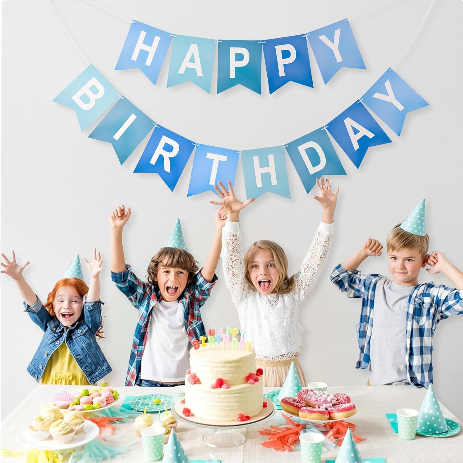 Happy Birthday Banner Large - NO DIY Blue Happy Birthdays Banner Sign Happy Birthday Party Paper Hang Decoration Happy Birthdays Banners Bunting for Men Boy โ image 5