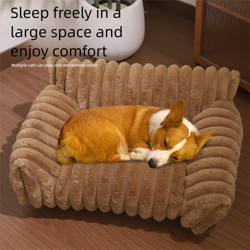 White Plush Ribbed Pet Sofa Bed for Dogs and Cats - Thickened Milk Velvet Cushion, Large Comfy Dog Sofa(50 × 40 × 20cm) — image 3