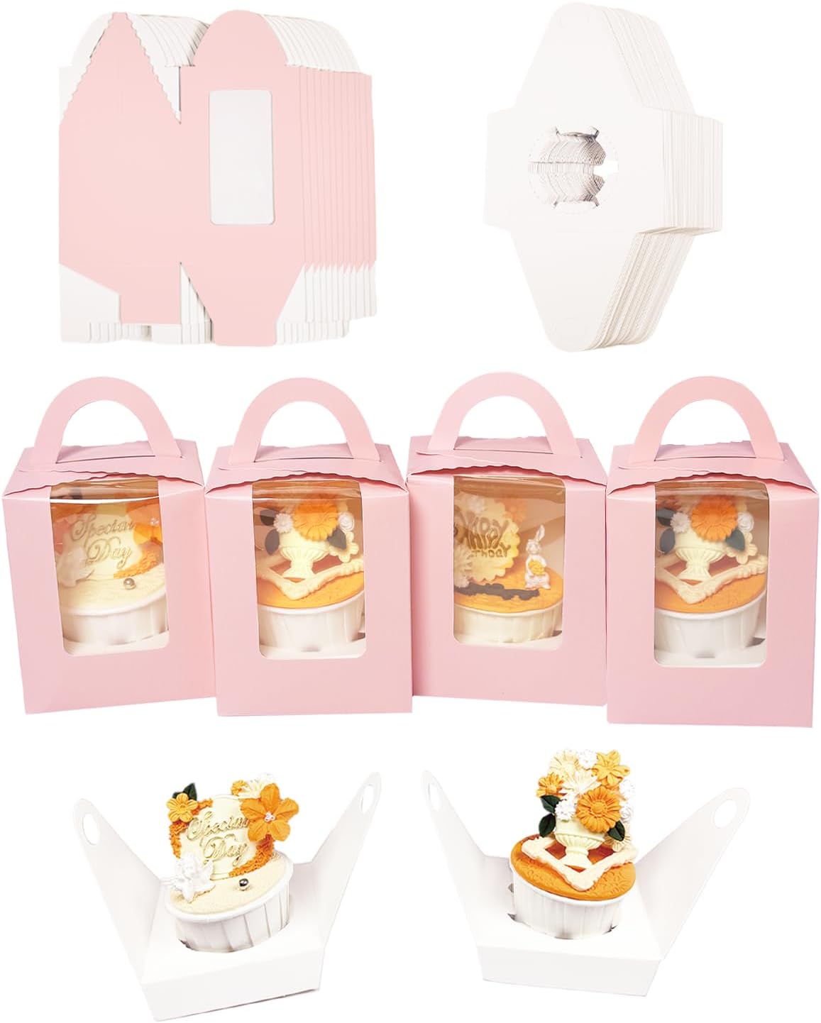Auto-pop up Individual Cupcake Boxes with Window 25 Count Pink Single Cupcakes Box 3.7 x 4.3inch Cupcake Carrier — image 2