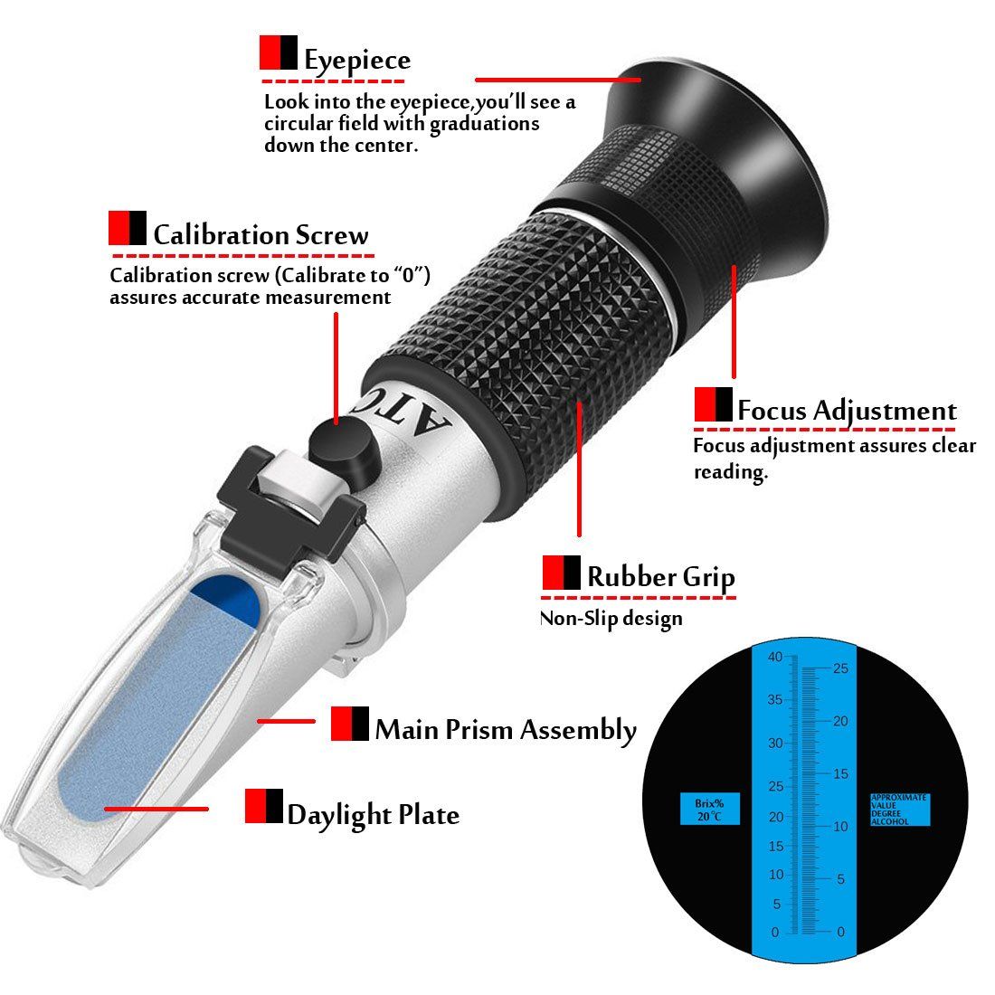 Wine Refractometer,V-Resourcing Hand Held Brix/Alcohol Refractometer with ATC for Wine Making Homebrew Kit, Dual Scale — image 4