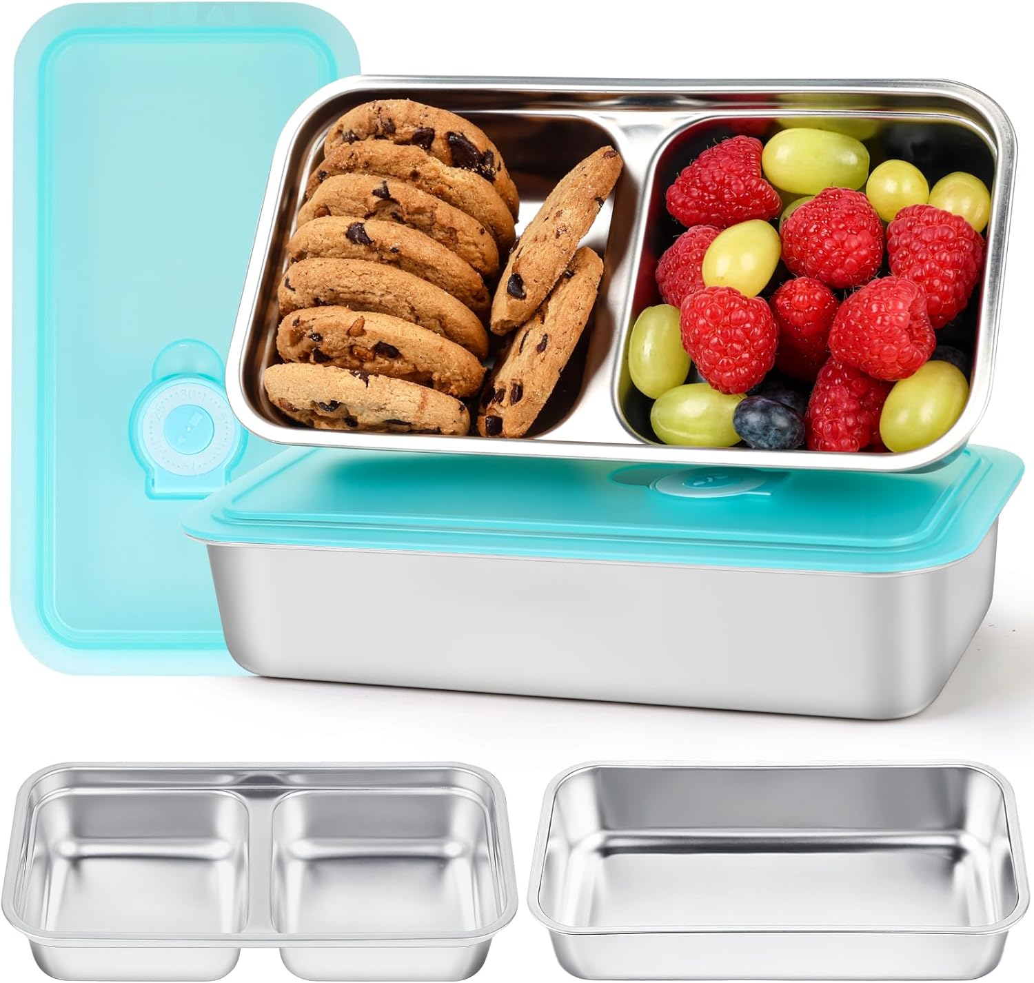 YQL 2 Pack Stainless Steel Food Containers with Lids, Double & Single Compartment Snack Boxes for Kids, Leakproof Reusable Bento Box for Lunch Prep, Travel