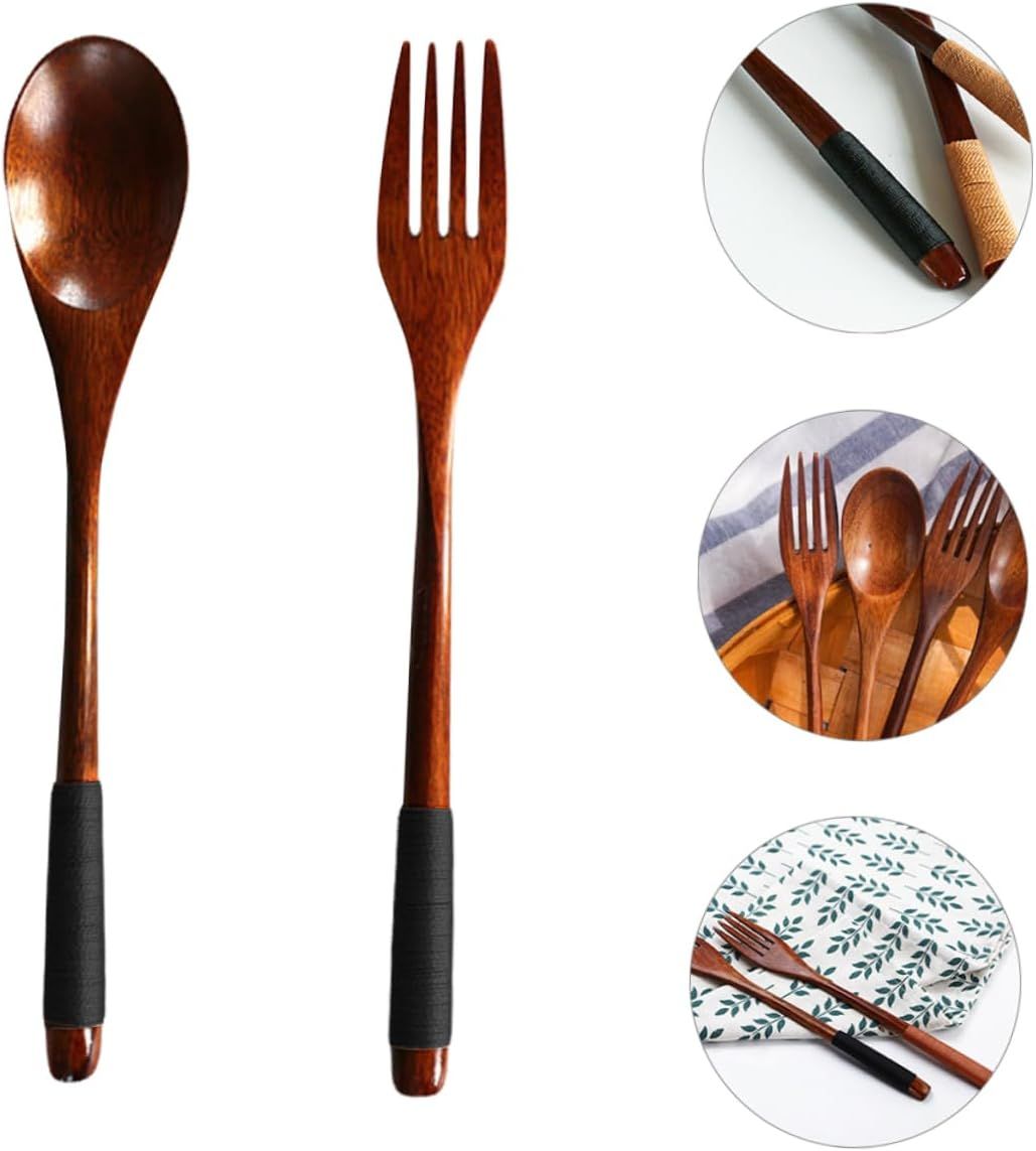 Japanese Wooden Handle Fork and Spoon Antique Flatware Chinese Flatware Kit Practical Tableware Tied Line Spoon Wood Soup — image 3
