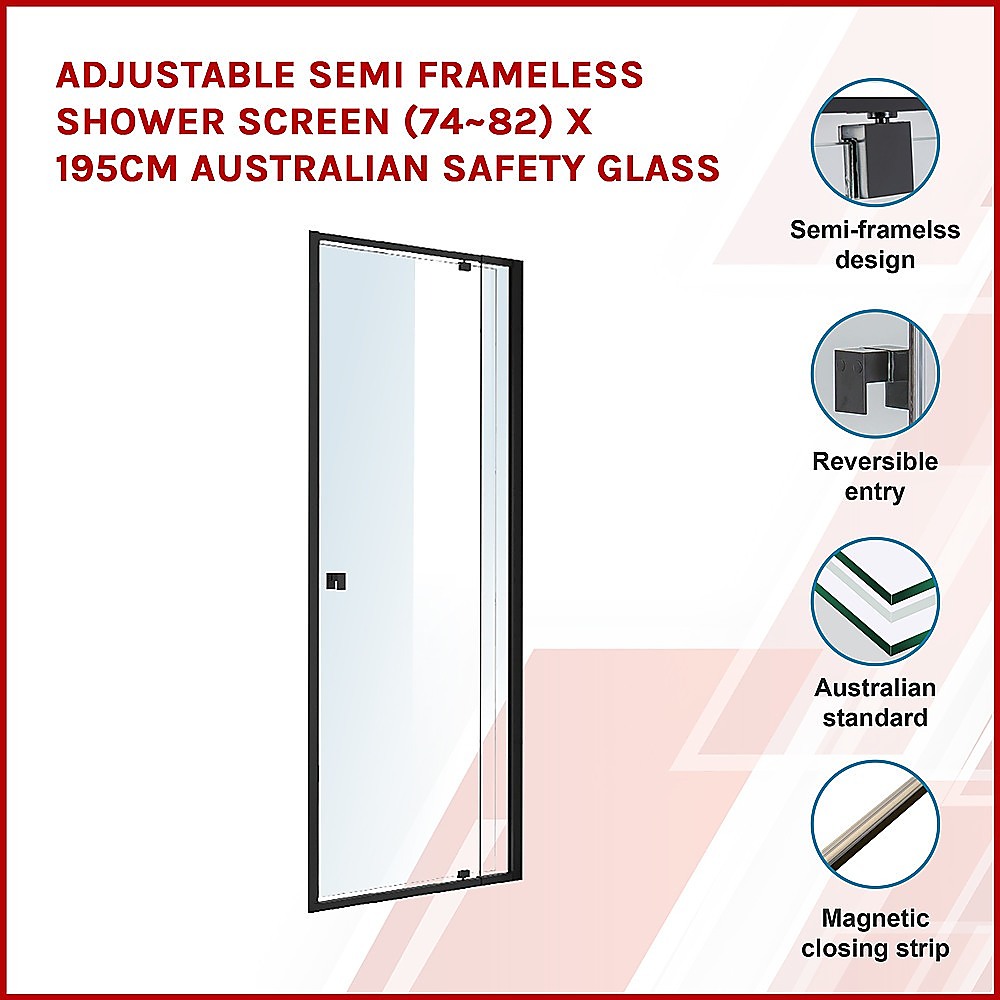 Adjustable Semi Frameless Shower Screen (74~82) x 195cm Australian Safety Glass โ image 4