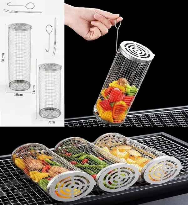 2 Pack Stainless Steel Rolling Grill Baskets with Hooks and Forks for Vegetables, Seafood, Camping and Home BBQ, Silver, 31 cm and 21 cm — image 3