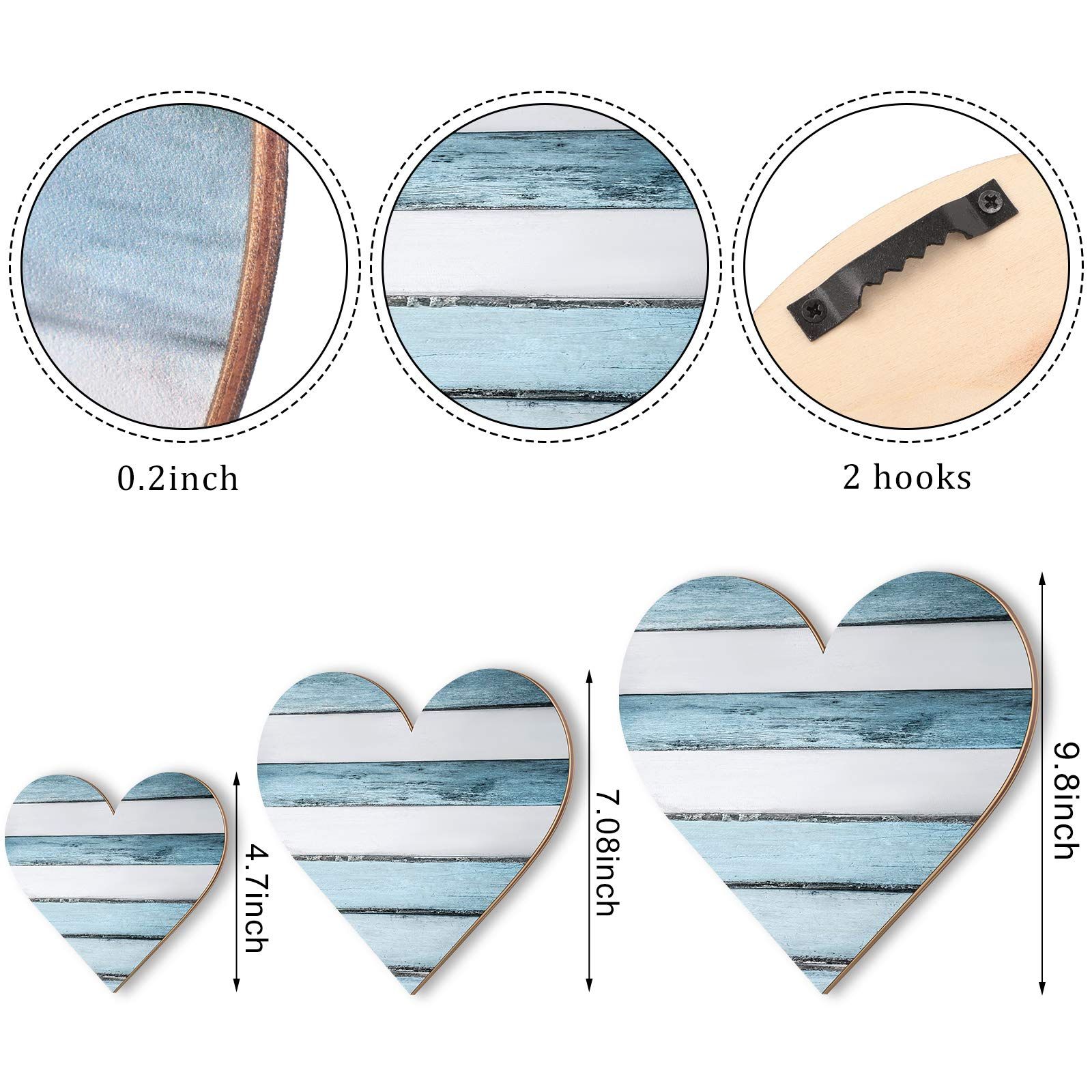 3 Pcs Heart Shaped Wood Sign Buffalo Plaid Decor for Kitchen Bedroom Bathroom Living Room 3 Sizes (Blue and White Wood Grain) — image 2