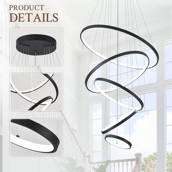 BAMDECOR A18801 Modern LED Chandelier, Dimmable Pendant Light with Remote Control Rings Round Ceiling Lighting Fixture 3 Color Temperatures Contemporary — image 2