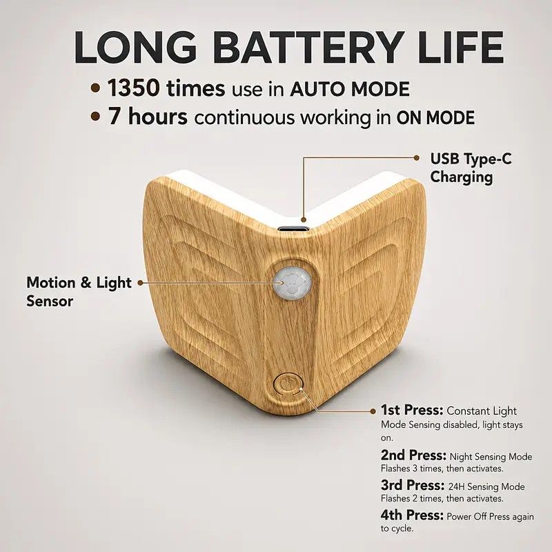 1PCS Magnetic induction corner night light, made of ABS and PVC for lightweight durability, three adjustable color temperatures, 120° motion sensing, USB-C — image 5
