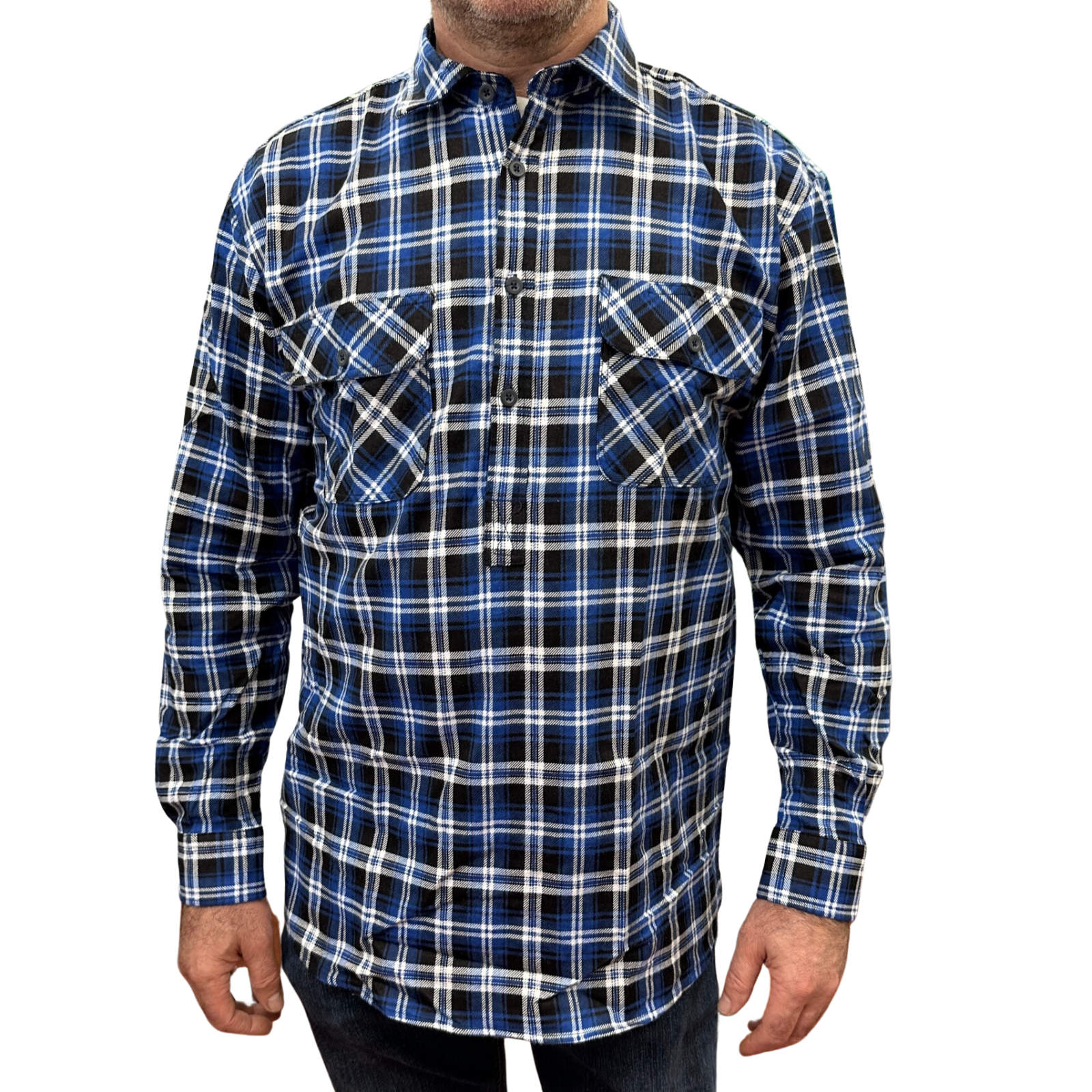 Mens Flannelette Long Sleeve Pullover Shirt 100% Cotton Flannel - Half Placket - Blue/Black — image 2
