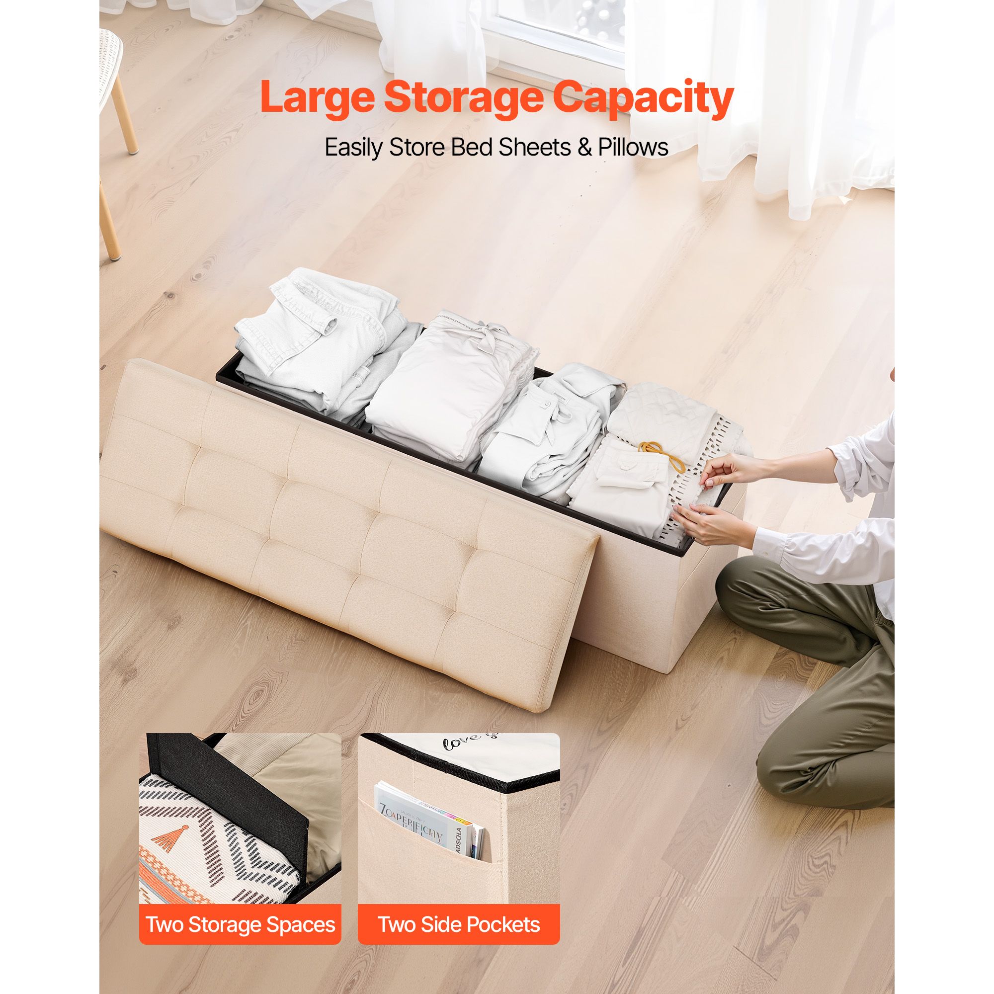 Foldable Storage Ottoman Bench, End of Bed Bench with Side Bags, Folding Upholstered Storage Chest Supports 660 lbs, Linen Bed Ottoman with Large Space for — image 2