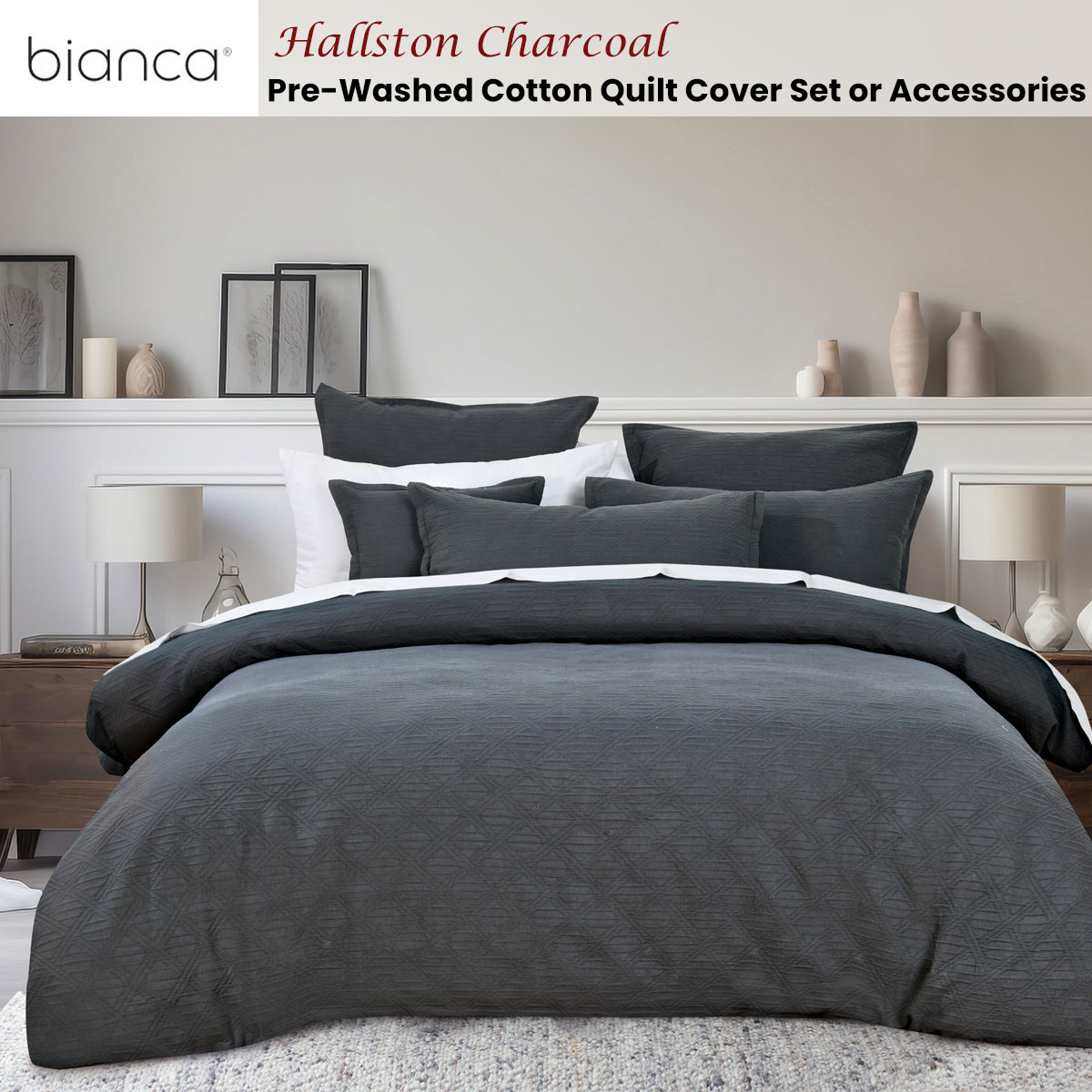 Bianca Hallston Charcoal Pre-Washed Cotton Quilt Cover Set Queen — image 2