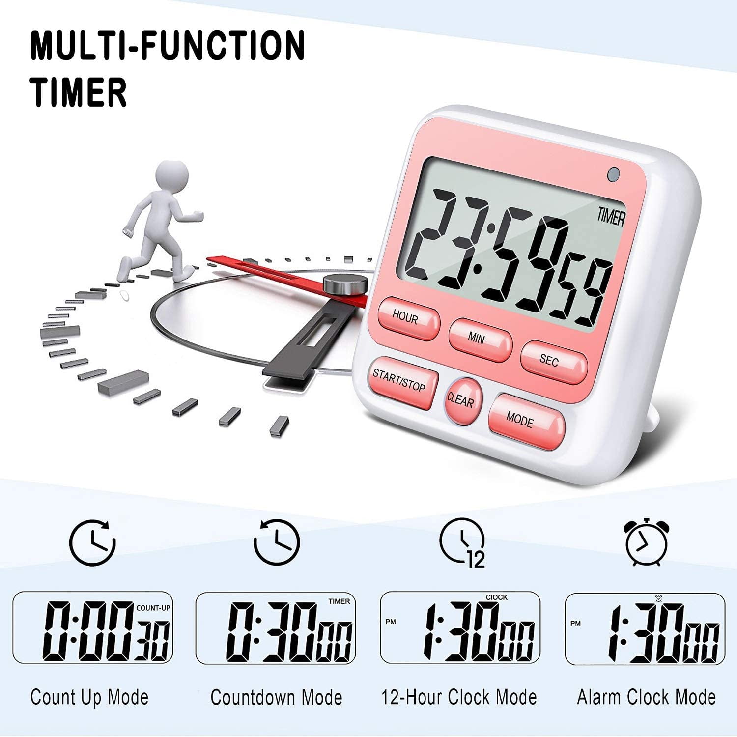 Digital Countdown Kitchen Timer -Count Up Down Magnetic Timer Clock for Cooking Baking Gym Students Pink — image 6