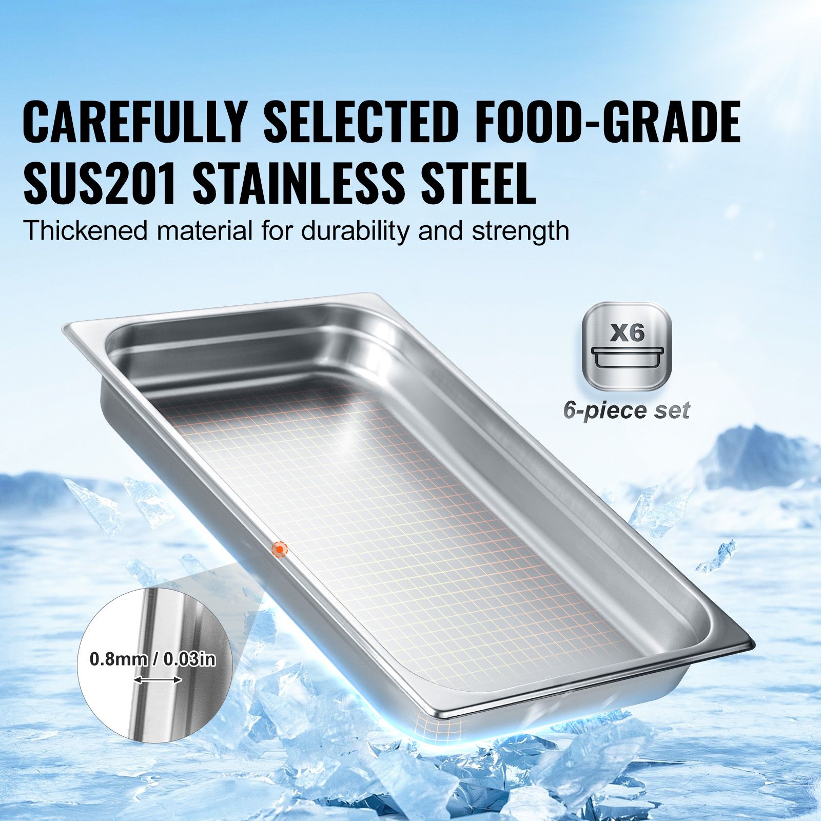 6 Pack Hotel Pans, Full Size Anti-Jam Steam Pan, 0.8mm Thick Stainless Steel Restaurant Steam Table Pan, 2.5-Inch Deep Commercial Table Pan, Catering Storage — image 2