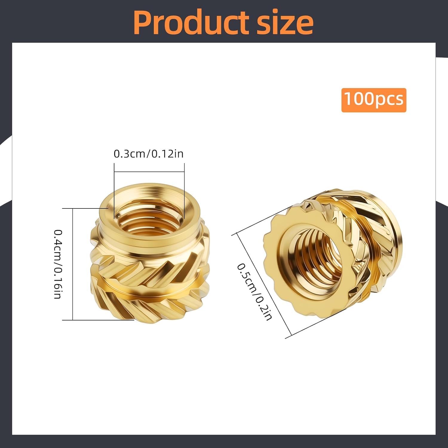 100-Pack M3 Threaded Inserts - Heat Set Inserts - M3x4x5 Female Thread Metric Knurled Nuts - Brass Insert Nut Threaded Inserts for Plastic 3D Printing