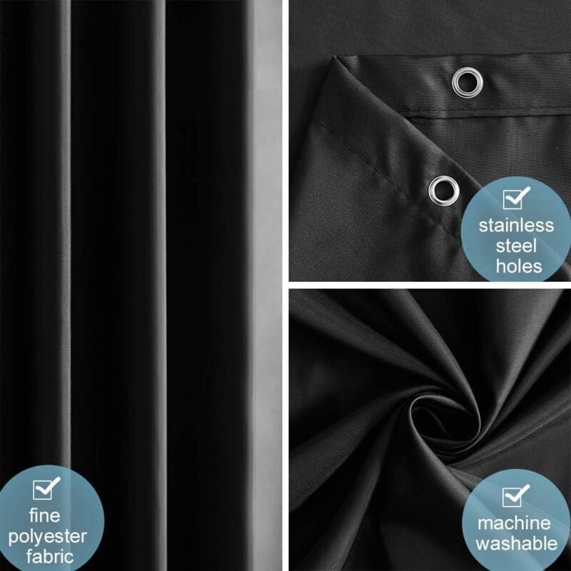 Waterproof Shower Curtain with Hooks - Anti-Mildew Washable Polyester Fabric - Black Bathroom Curtain 100 × 180cm — image 4
