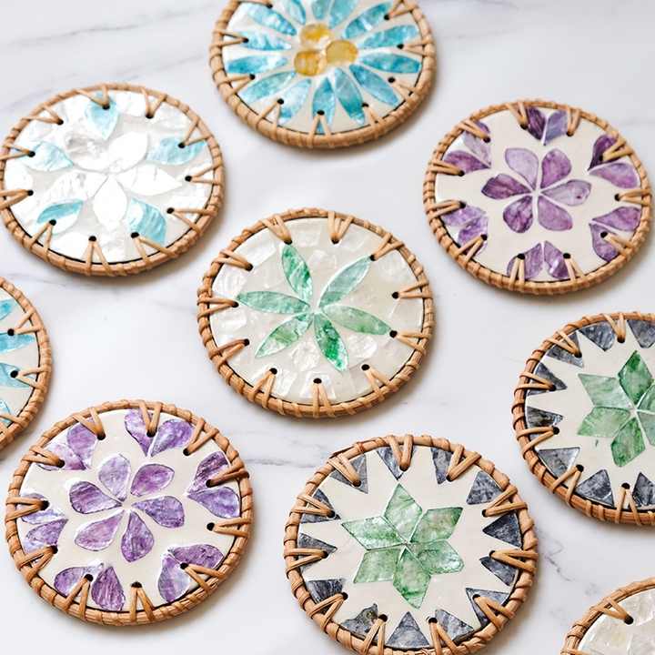 4 Pcs Beige Background With Blue and Pink flower Handcrafted Rattan Coaster with Natural Shell Inlay - Decorative & Heat Insulating Drink Mat โ image 6