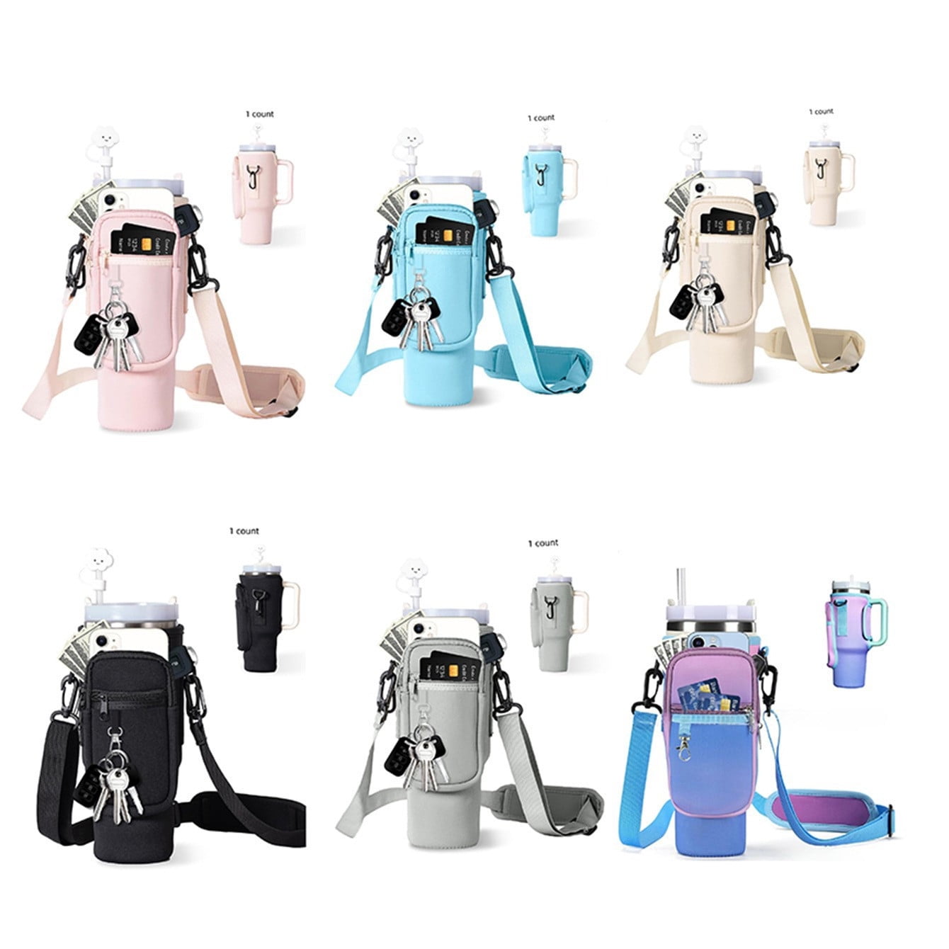 Water Bottle Carrier Bag with Phone Pocket, for Tumbler Water Bottle Holder Pouch with Adjustable Strap Bollus, with Straw Cover and Carabiner, for Cup — image 2