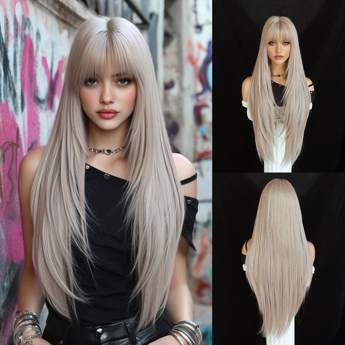 High-Density Synthetic Wig Heat-Resistant Wig Tea-Colored Wig Long Straight Wig - Foggy grey - pink - Size 85cm-33inch