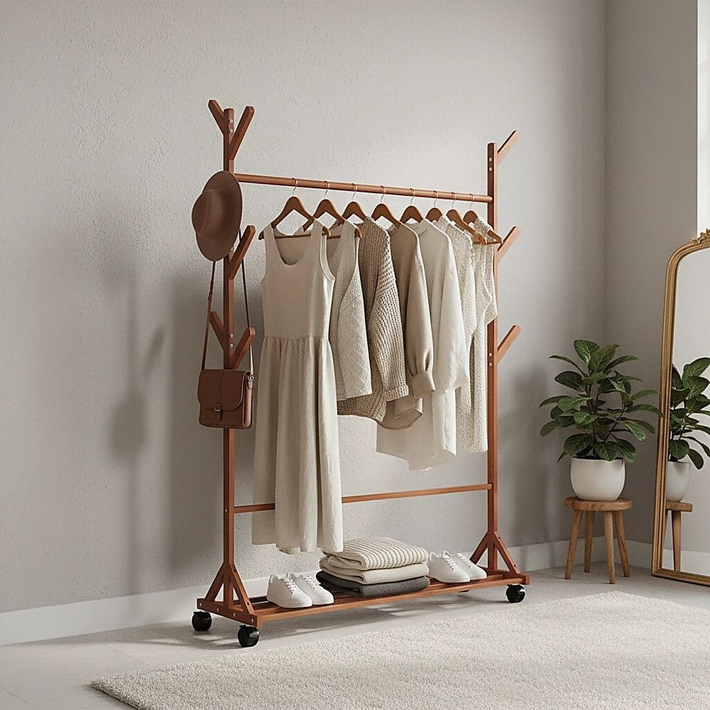 Portable Clothes Rack Coat Garment Stand Bamboo Rail Hanger Airer Closet โ image 5