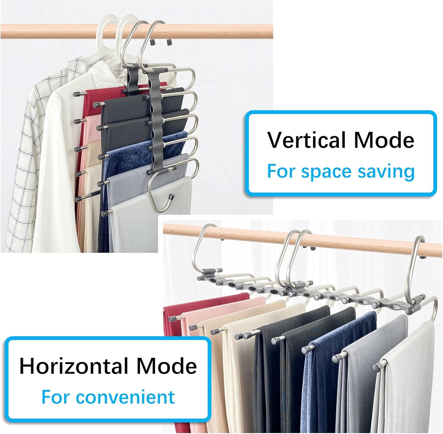 Magic Pants Hangers Space Saving - 2 Pack for Closet Multiple Layers Multifunctional Uses Rack Organizer for Trousers Scarves Slack (2 Pack with 10 Metal โ image 3