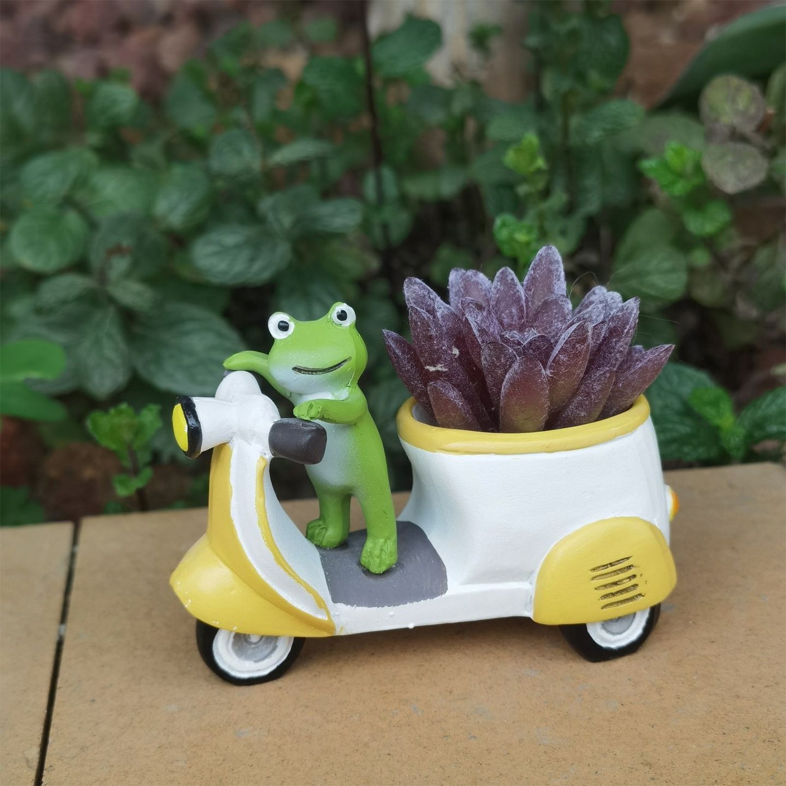 Cute Frog on Motorcycle Resin Planter - Mini Scooter Flower Pot for Succulents, Cacti, or Small Plants - Adorable Garden, Desktop, or Home Decor (Green Frog ) — image 3