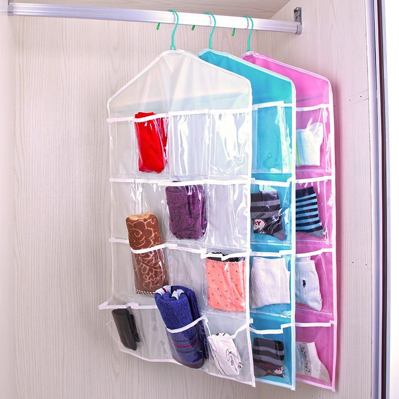 Blue 16 Pocket Hanging Wardrobe Organizer Transparent Storage Bag for Clothes Underwear Socks and Accessories โ image 4