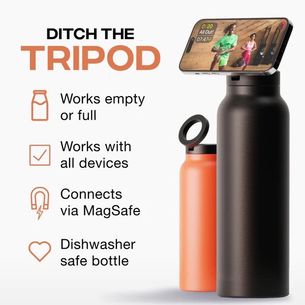 Stainless Steel Insulated Water Bottle with Integrated Magnetic Phone Stand - Silver (24oz) — image 3