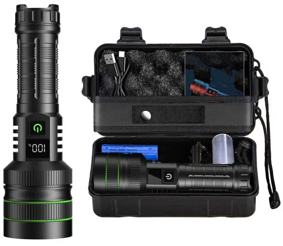 Rechargeable LED Flashlight - Military Flashlight - 5000 lumens - 26650 rechargeable battery - 6 modes - Power bank function - IP67 waterproof