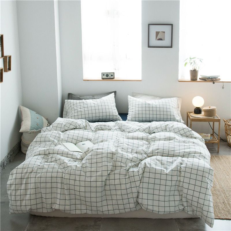 Cotton 4 Piece Set Modern Minimalist White Bed sheet kit_2.0m bed-enlarged quilt cover 220 × 240cm four-piece set