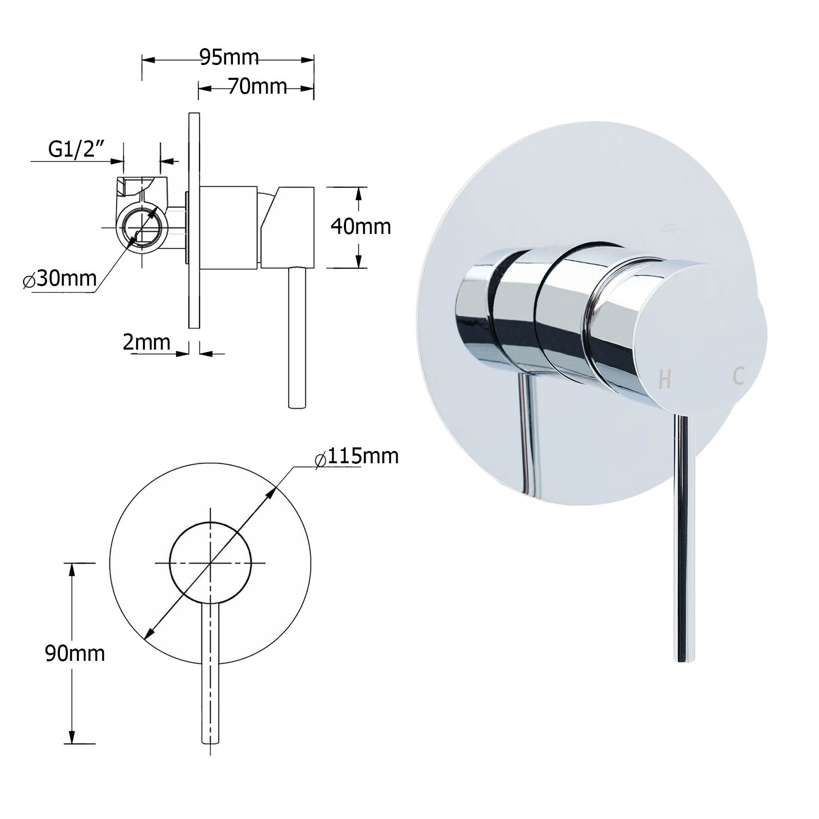 Watermark Round Pin Lever Hot Cold Water Mixer Bathroom Shower Tap Valve Chrome โ image 2