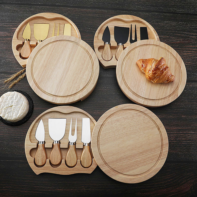 Brown And Silver Compact Round Rubberwood Cheese Board Set | 4 Stainless Steel Knives & Tools โ image 2