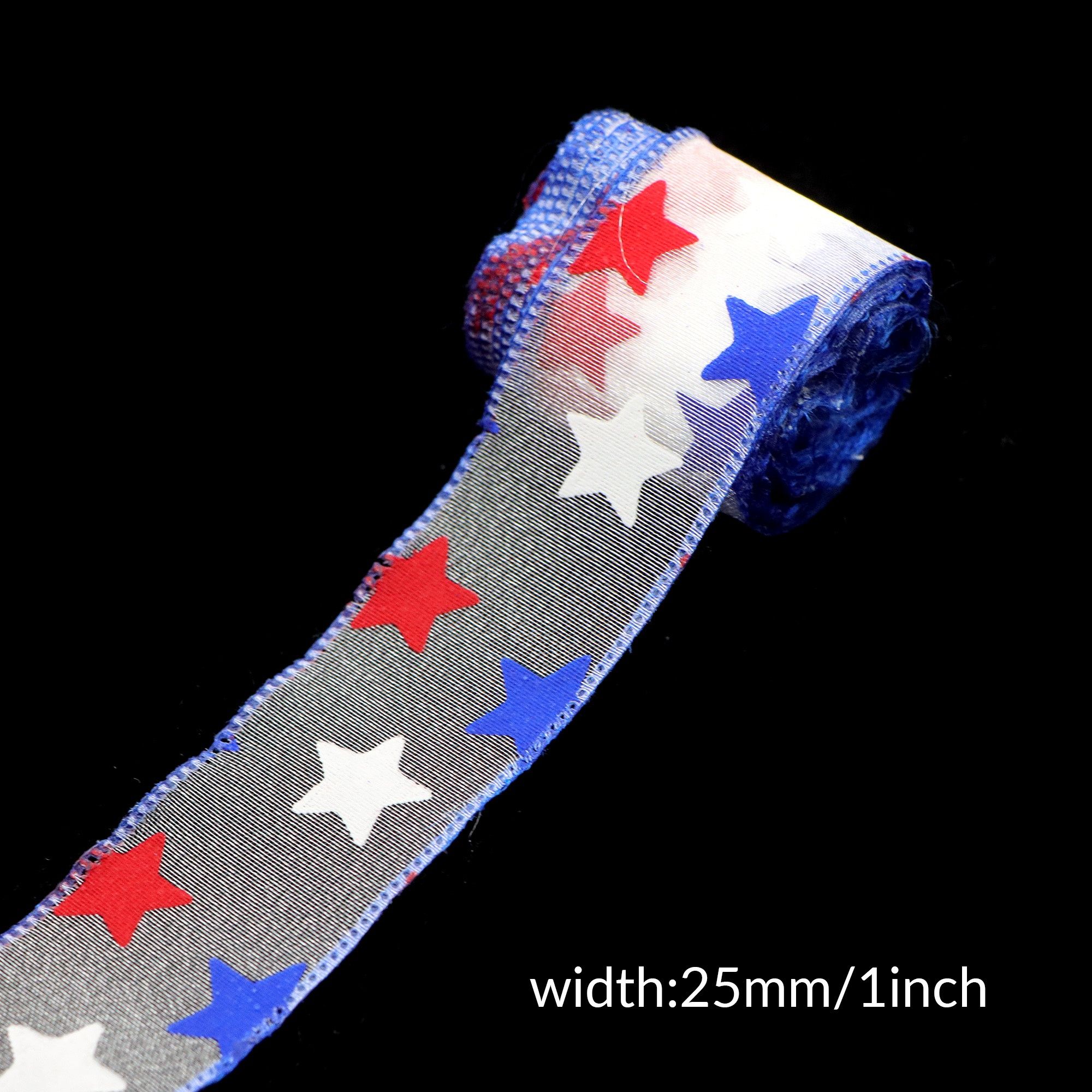 5 Yards/Roll Retro Patriotic Ribbon, Red White Blue Star Organza, Width 25mm, for July 4th Crafts, Wreaths, Bows, Party Decor, Pre-Cut DIY Gifts