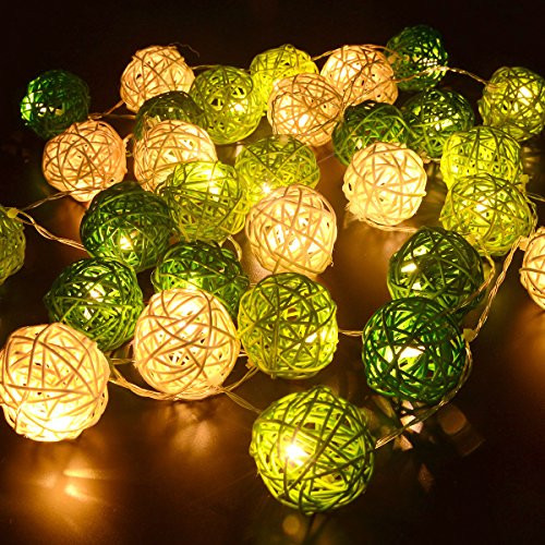 1 Set of Green n White 5cm Rattan Cane 50 Ball Battery Powered LONG 5m String Lights Christmas Gift Home Wedding Party Bedroom Decoration Table