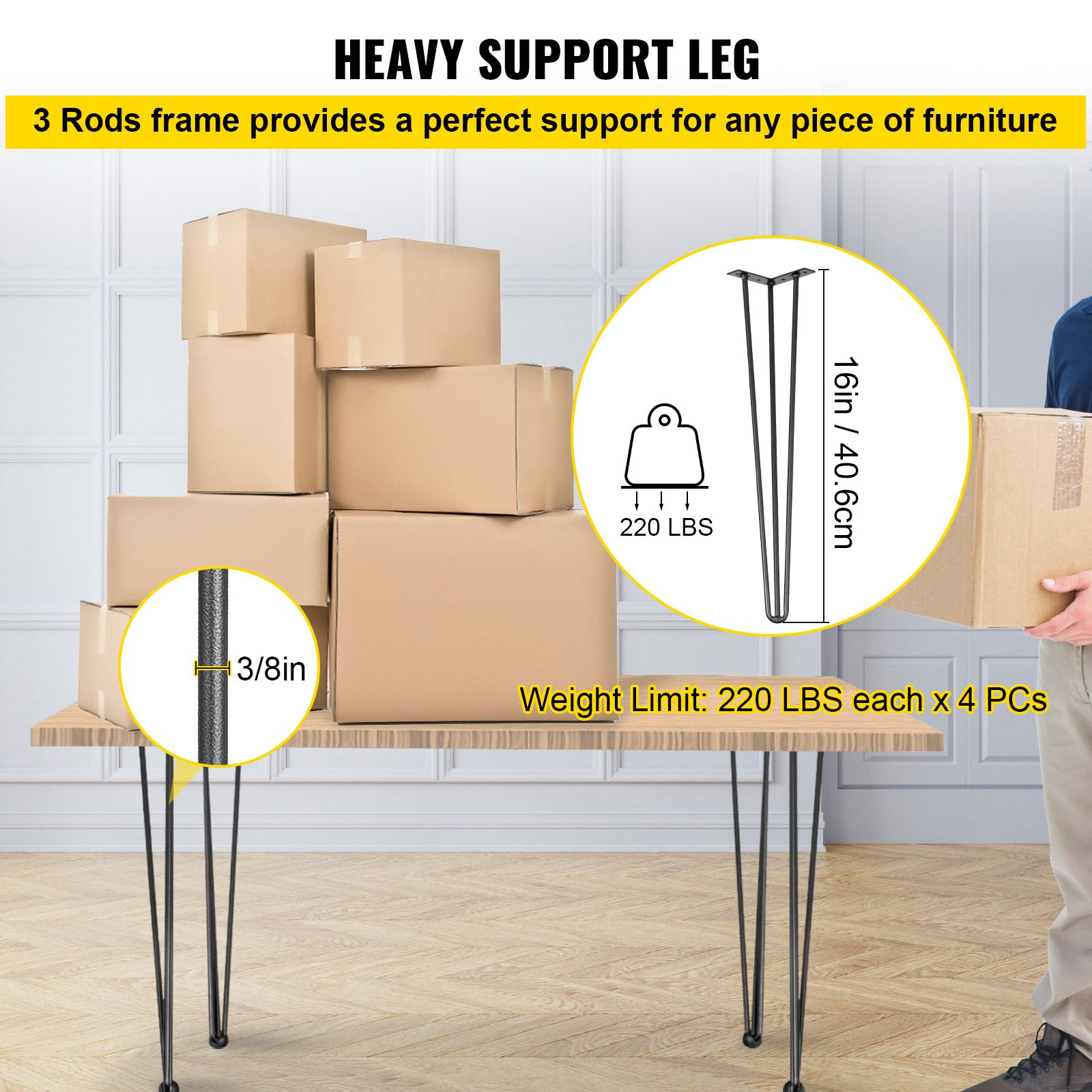 Hairpin Table Legs 16 inch, Set of 4 DIY Desk Table Legs 3 Rods Heavy Duty — image 3