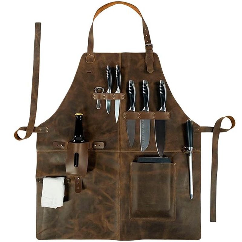 Retro PU Leather Apron - Multi-Pocket Cross-Neck Craftsman Workwear for Woodworking BBQ โ image 4