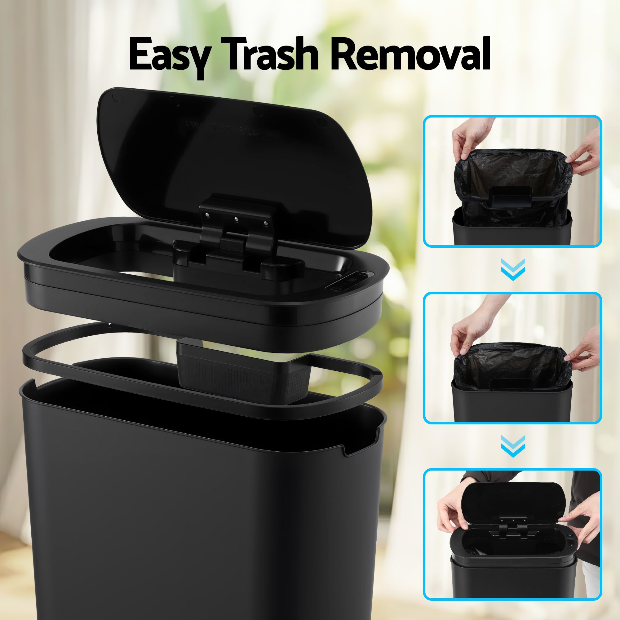 Devanti Automatic Trash Bin with Lid 21L Motion Sensor Kitchen Bin Touchless Garbage Can Modern Black Plastic Slim Rubbish Bin with Liner Holder for Kitchen โ image 5