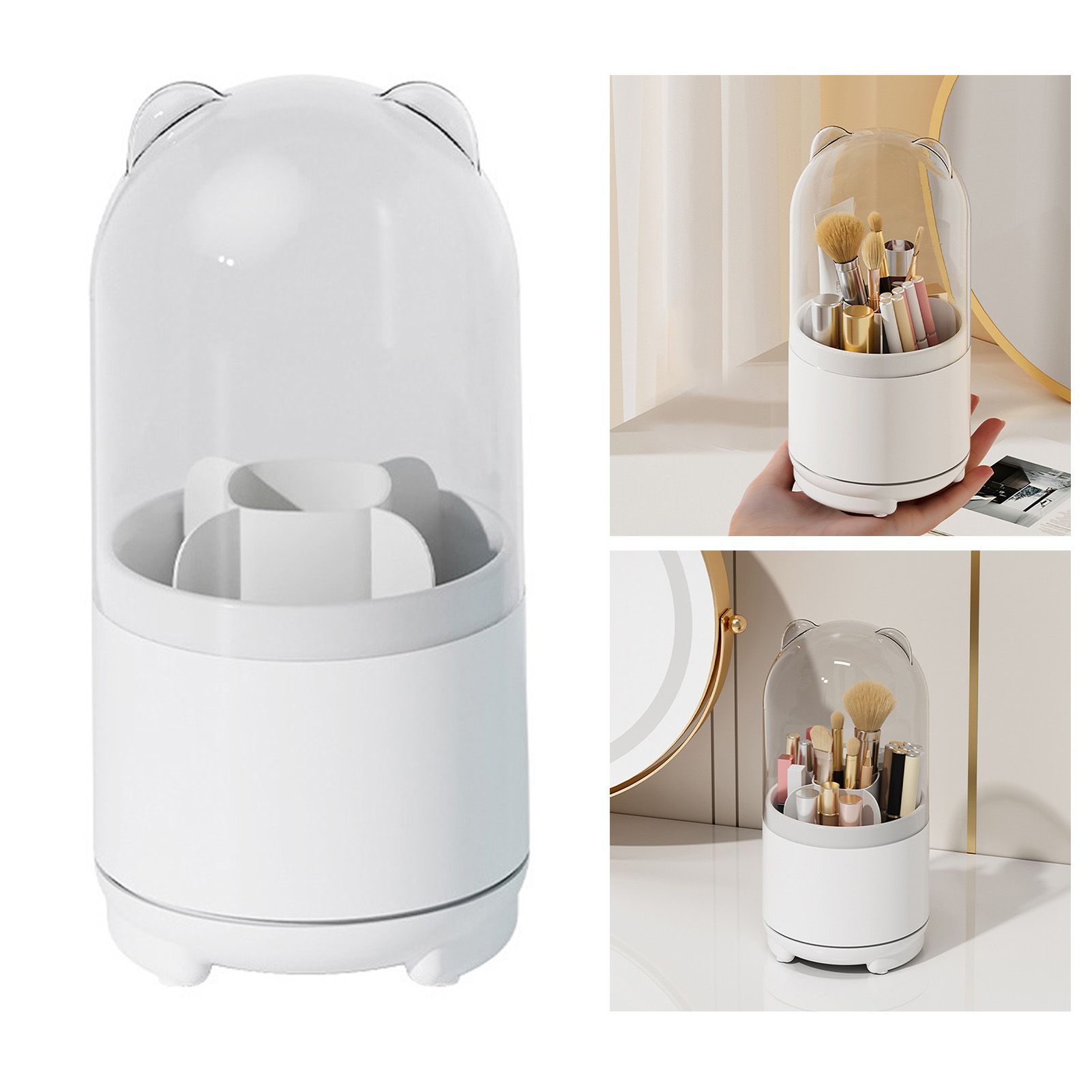 Makeup Brush Storage Container 360 Degree Rotating Dust Prevention Transparent Lid Large Capacity Makeup Brush Holder White — image 2