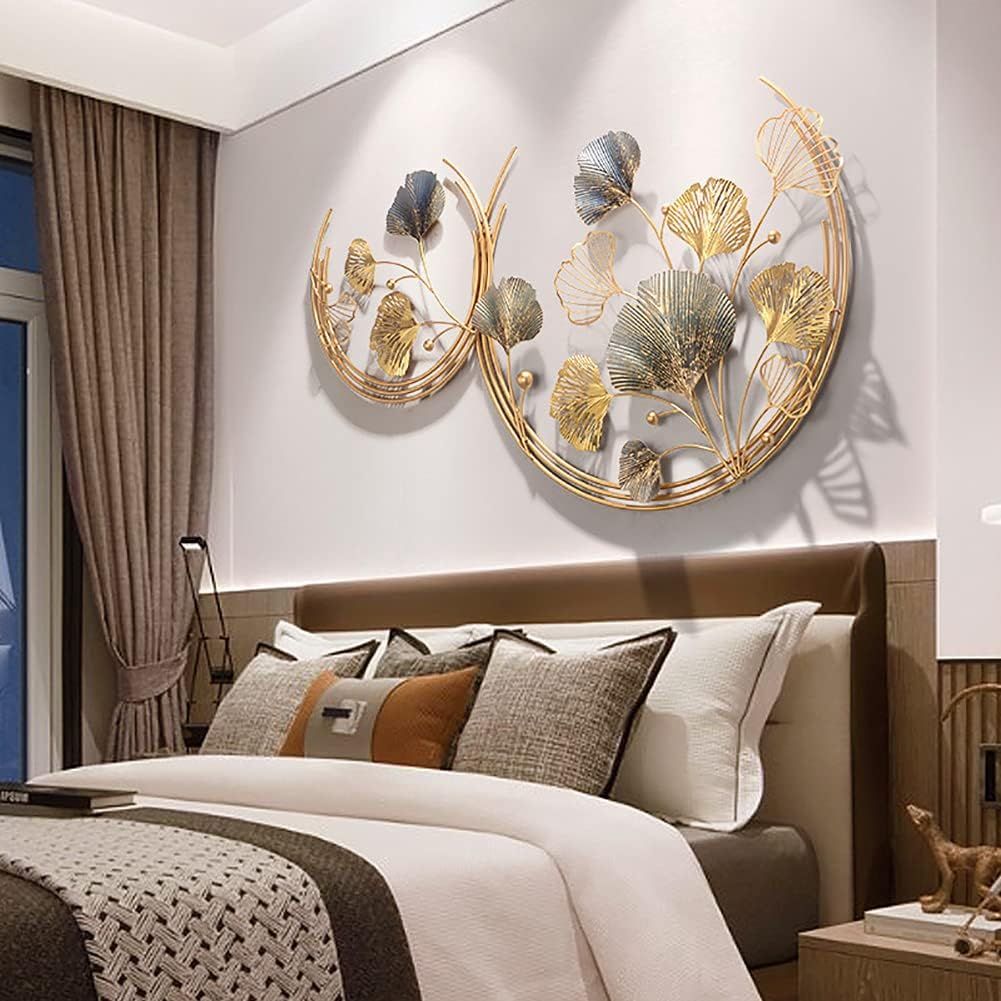 3D Handmade Metal Wall Art Decor,Golden Ginkgo Leaves Metal Wall Decor with Frame, Gold Metal Art Wall Sculpture for Study Living Room Bedroom Artwork Hotel — image 2