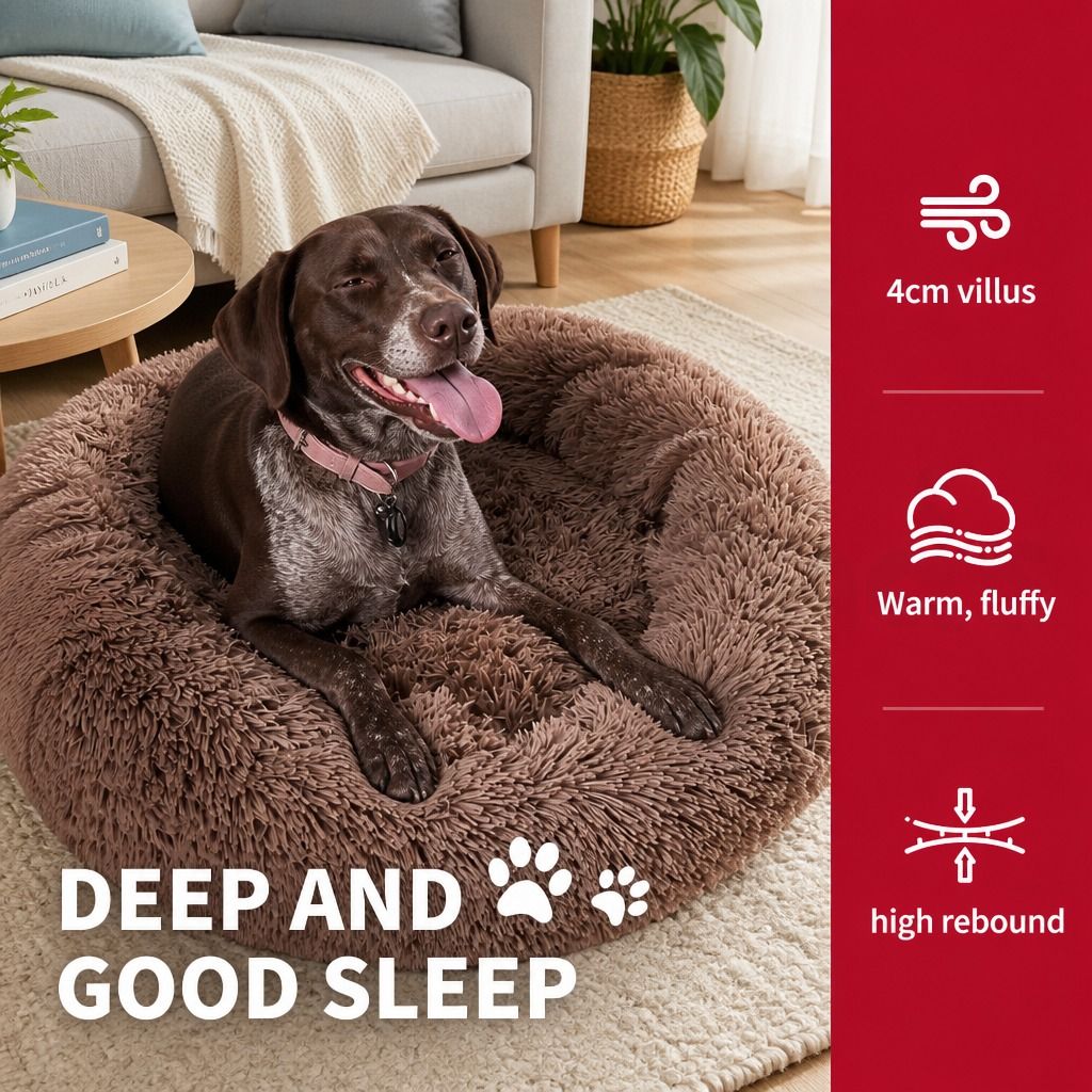 Pet Dog Bed Bedding Warm Plush Round Soft Dog Nest Light Coffee XXL 120cm — image 4