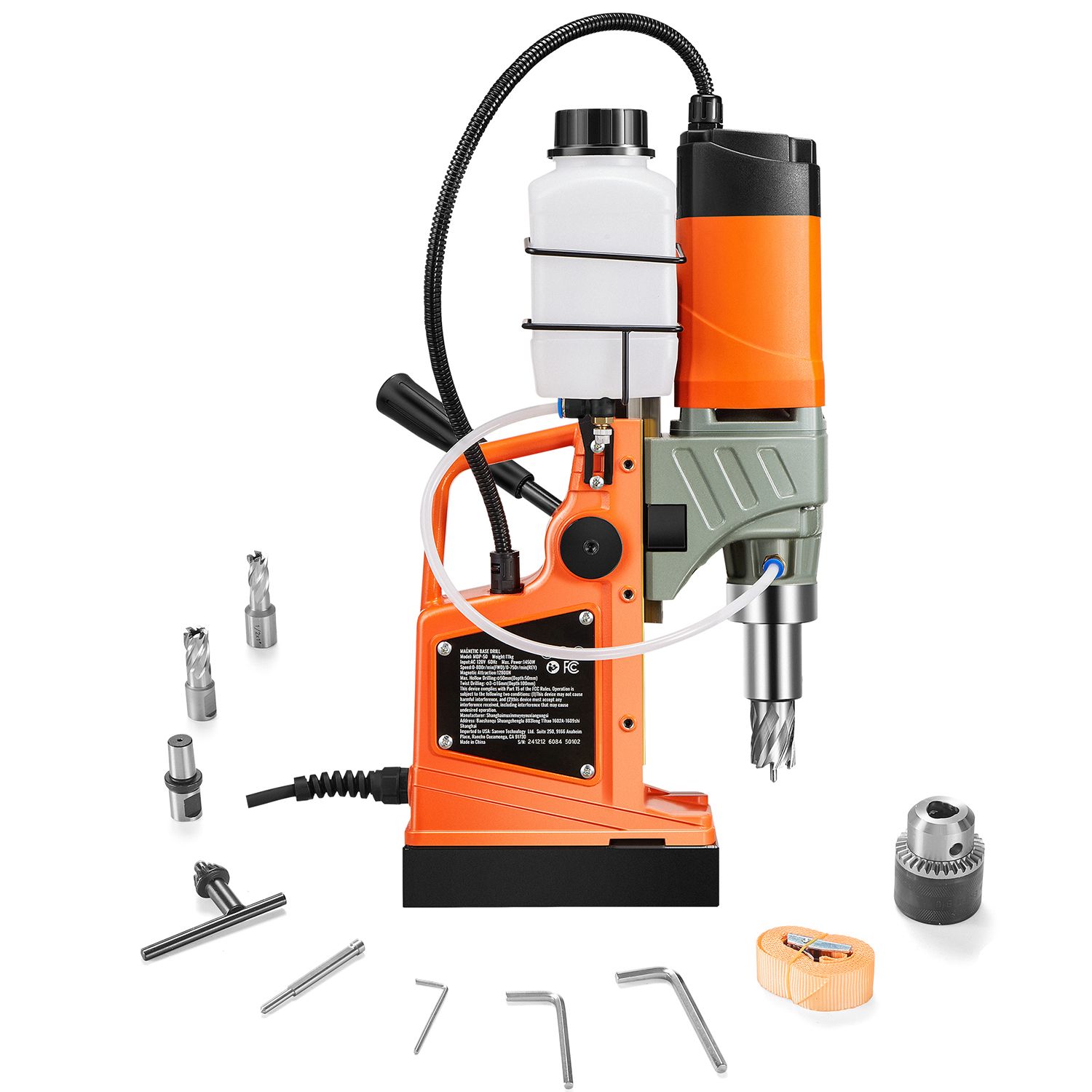 Magnetic Drill, 1450W Motor 1.6 in Boring Diameter, 2810 lbf Portable Electric Mag Drill Press, with 2 Coring Bits, Variable Speed, Drilling Machine for Metal