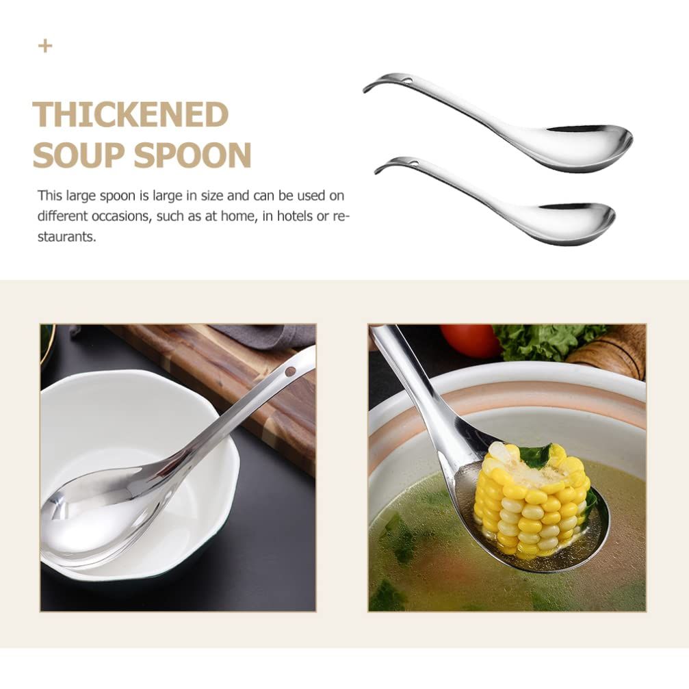 Stainless Steel Soup Spoon Ladle: 2pcs Metal Silver Rice Spoons Long Handle Dinner Spoons for Ramen Pho Wonton Dumpling Miso โ image 3