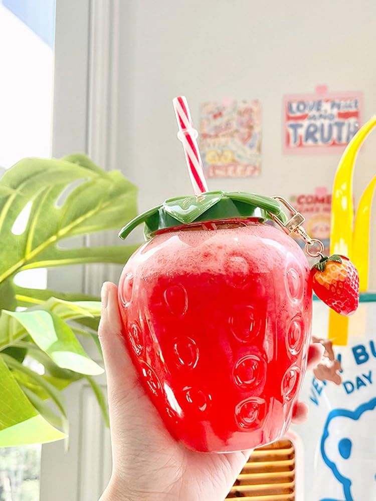 Strawberry Cup with Straw, Cute Strawberry Drinking Cups with Strawberry Pendant Portable Water Bottle for Girls Cup (1 Pcs) — image 3