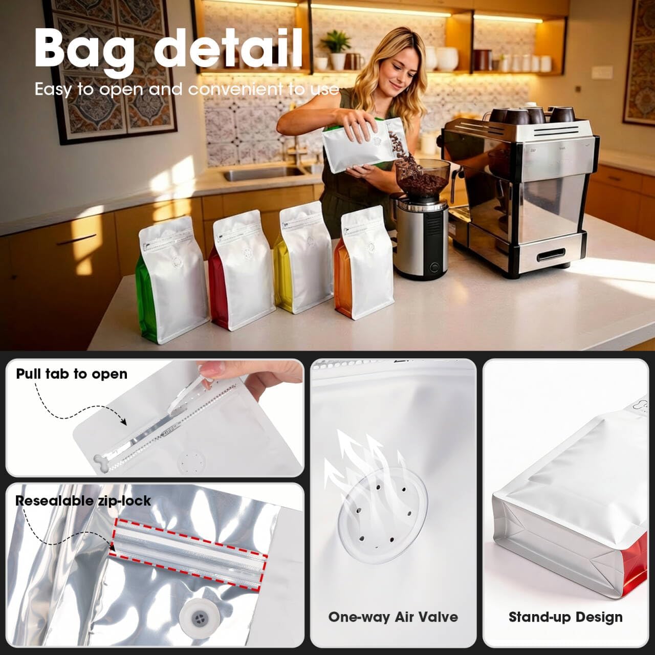 Coffee Bags with Valve(60pcs,16 oz,1 lb) Vented Coffee Beans Packaging Bags High Barrier Aluminumed Foil Flat Bottom Heat Sealed Side Zipper Resealable Storage — image 3