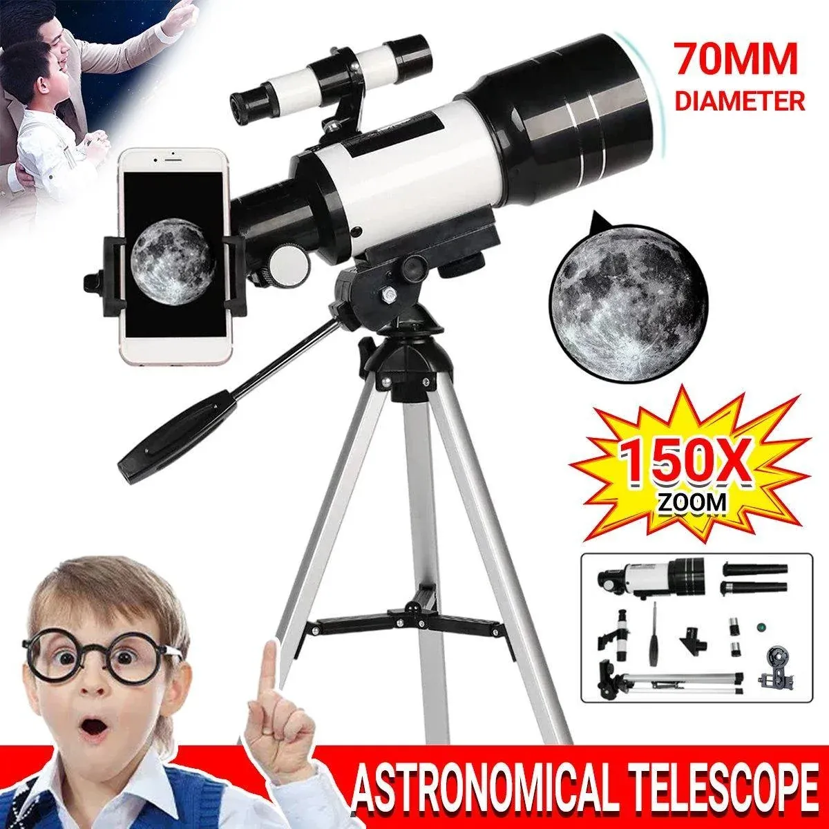 HD Astronomical Telescope with Desktop Tripod and Up to 150X Combo Magnification