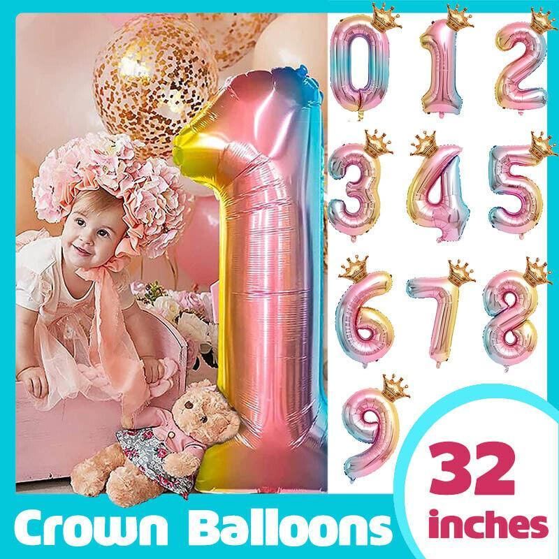 32 Inch Crown Number Foil Balloons Rainbow Iridescent Party Decoration - Crown 0 โ image 2